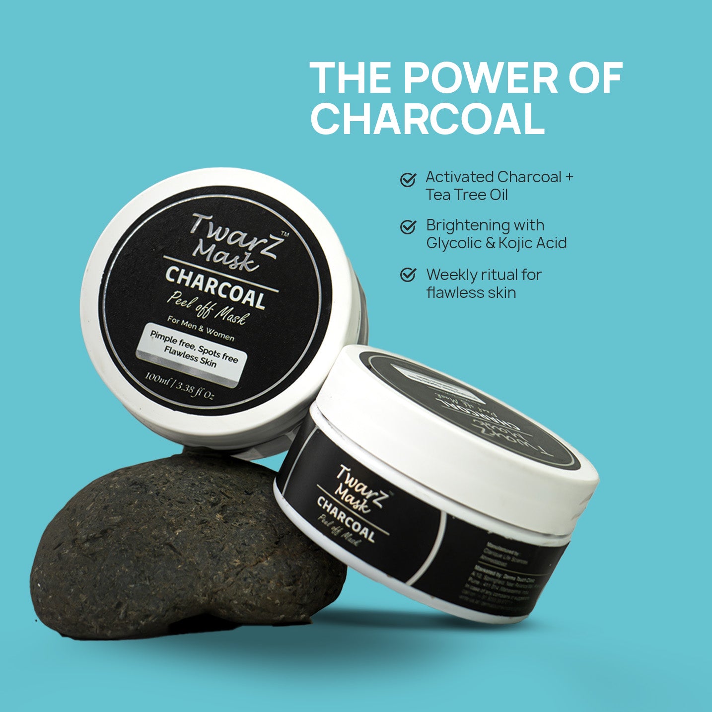 Twarz Charcoal Peel-Off Mask | Salicylic Acid & Tea Tree | Oil Control, Blackhead Removal & Pore Detox | Glycolic + Kojic for Spot Clarity | 100 ml